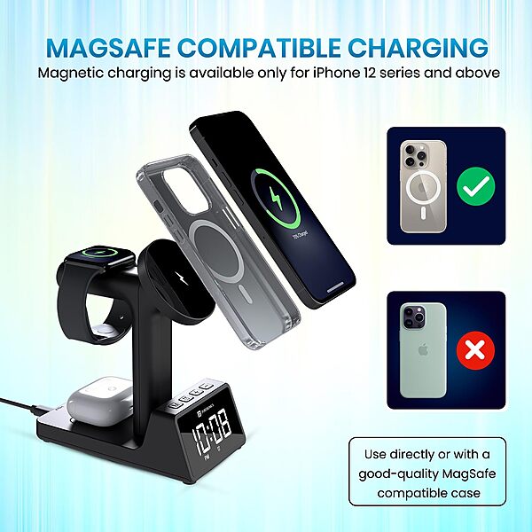 Portronics Bella 2 15W Magnetic Wireless Charger – 3-in-1 with Digital Alarm Clock | Black