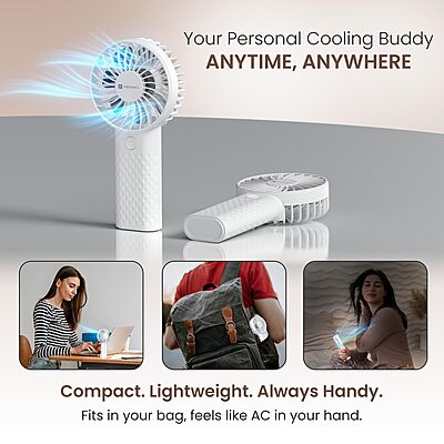 Portronics Toofan Mini 2 Handheld Fan – Rechargeable, 6-Speed, 7 Blades, White