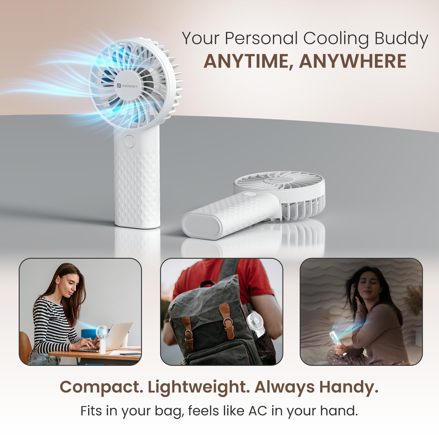 Portronics Toofan Mini 2 Handheld Fan – Rechargeable, 6-Speed, 7 Blades, White