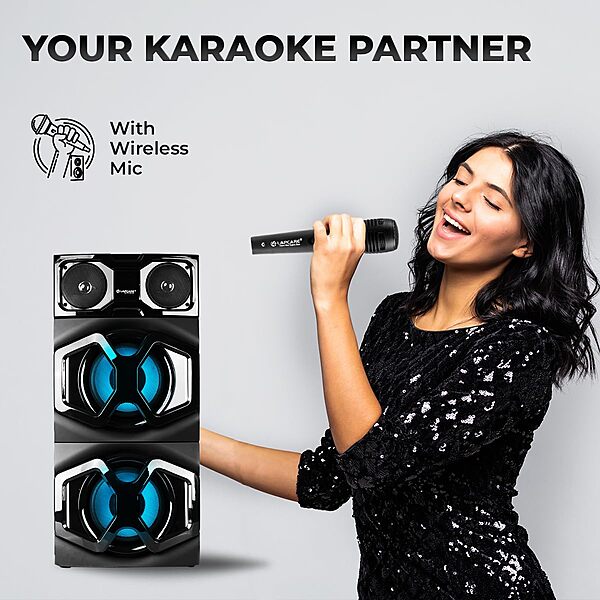 lapcare Experience thunderous 120 W stereo sound with Lapcare BEAST LTS‑300: Bluetooth 5.0, AUX/USB/FM, RGB lights, wireless mic & remote—built for parties!