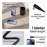 Ambrane Type C Mobile Charging Cable 3A Fast Charging, 1 Meter, L Shaped Braided Cable, 480Mbps