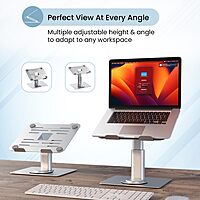 Portronics Twister – 360° Adjustable Metal Laptop Stand, supports up to 10kg, ergonomic design for comfort, lightweight and portable, perfect for home or office use, enhances airflow and cooling.