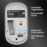 ZEBRONICS Pulse Wireless Mouse, Multi Connectivity, Dual Bluetooth, for Mac, Laptop, Computer, Tablet, 2.4GHz, 1200 DPI, Comfortable & Lightweight