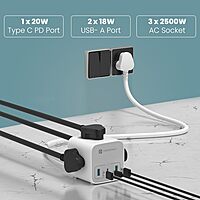 Portronics Volt 20 – 20W Desktop Charger features 3 AC ports, allowing you to charge multiple devices simultaneously. Compact design, efficient power delivery, perfect for home or office use.