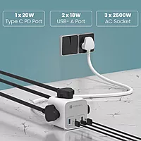 Portronics Volt 20 – 20W Desktop Charger features 3 AC ports, allowing you to charge multiple devices simultaneously. Compact design, efficient power delivery, perfect for home or office use.