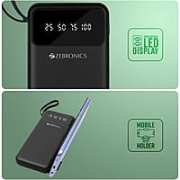 ZEBRONICS MB10000S6 Power Bank, 10000 mAh, 12W, 5 x Outputs - Dual USB A | Type C | Micro USB | Lightning, Built in I/O Cables, Mobile Holder, Percentage Display, Carry Loop
