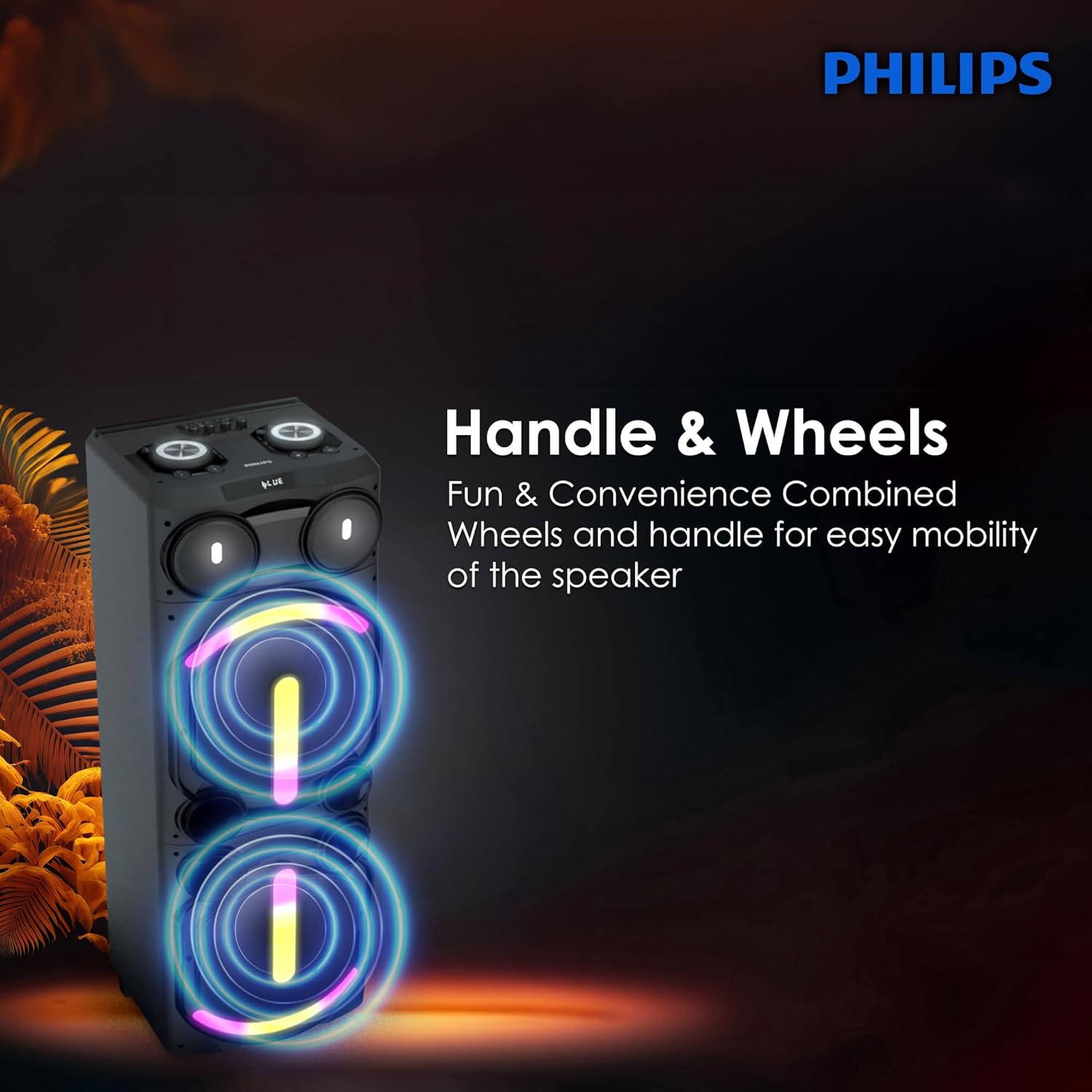 Philips TAX5708 Bluetooth Party Speaker – 400W Max Output, Dynamic Bass Boost, Karaoke, Guitar/Mic Support, Multipoint Connectivity, Party Lights, Handle with Wheels Philips TAX5708 Bluetooth Party Speaker – 400W Max Output, Dynamic Bass Boost, Karaoke, Guitar/Mic Support, Multipoint Connectivity, Party Lights, Handle with Wheels