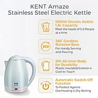 KENT Amaze Cool Touch Electric Kettle 1.8 L 1500 W - Plastic Outer & Stainless Steel body Inside | Auto shut off Over heating protection | 360 Degree Cordless Rotation | LED Indicator | Blue