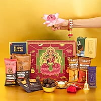 Eat Better Co Samriddhi Gift Hamper with Laxmi Design for Diwali - 11 Item Gift Pack - Dry Fruit Laddoos, Chocolate Coated Nuts with Phool Incense Cones, Golden Bell & Lanten Diya | Diwali Gifting Box