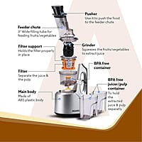 AGARO Imperial Slow Juicer, Professional Cold Press Whole Slow Juicer, 240 Watts Power Motor, 3 Strainers, All-in-1 Fruit & Vegetable Juicer, Grey/Black