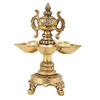 Brass World Cup Deepam With Five Wick Diya - 7 Inch Height