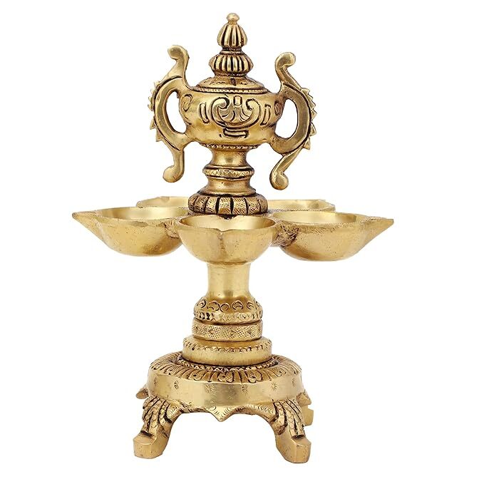 Brass World Cup Deepam With Five Wick Diya - 7 Inch Height