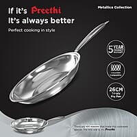 Preethi Metallica Collection Triply Stainless Steel Frypan with Glass Lid, 26 cm, Gas & Induction