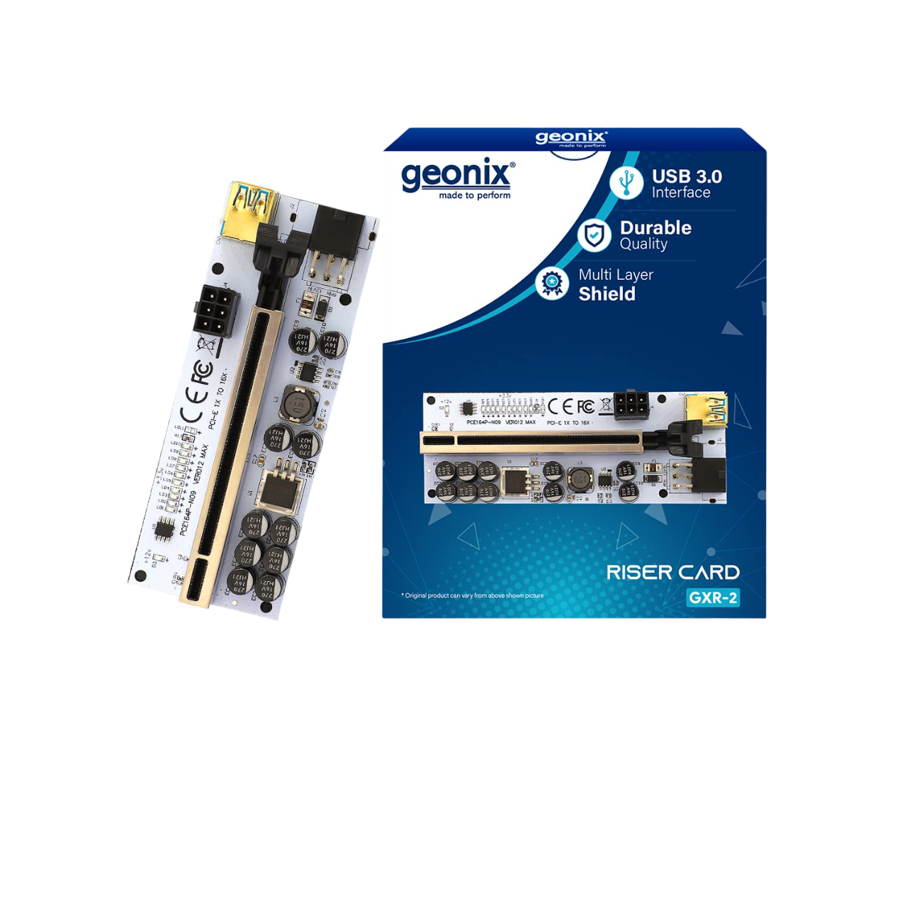 โGeonix PCI-E 1X to 16X Riser Card, 10 Capacitors, 11 LED Indicators, SATA Power Cable (20cm), USB Cable (60cm) - PCE164P-N09 VER012 MAX โGeonix PCI-E 1X to 16X Riser Card, 10 Capacitors, 11 LED Indicators, SATA Power Cable (20cm), USB Cable (60cm) - PCE164P-N09 VER012 MAX