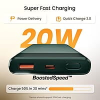 Ambrane 10000mAh Slim Power Bank, 20W Fast Charging, Dual Output, Type C PD (Input & Output), Quick Charge