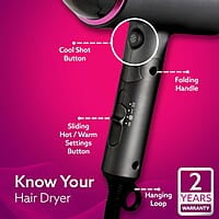 AGARO HD-1214 Premium Hair Dryer with 1400 Watts Motor, 3 Temperature Settings & Cool Shot