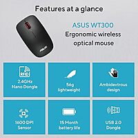 Open Box ASUS WT300 /Ambidextrous Design,Runs on 1 AA Battery- upto 15 months life, 1600 DPI Wireless Optical Mouse
