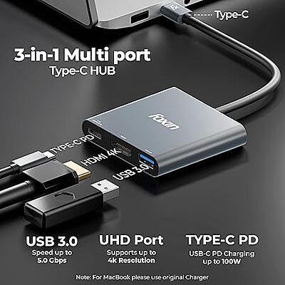 TYPE-C HUB FOXIN 3 IN 1 (USB 3.0, HDMI & PD TYPE-C)