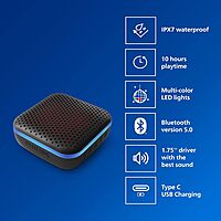 PHILIPS Audio Bluetooth Speaker TAS2505B, 6W with LED Lights (Built-in Microphone, Durable and IPX7 Waterproof, 10 Hours’ Playback Time, 20-m Range) Black PHILIPS Audio Bluetooth Speaker TAS2505B, 6W with LED Lights (Built-in Microphone, Durable and IPX7 Waterproof, 10 Hours’ Playback Time, 20-m Range) Black
