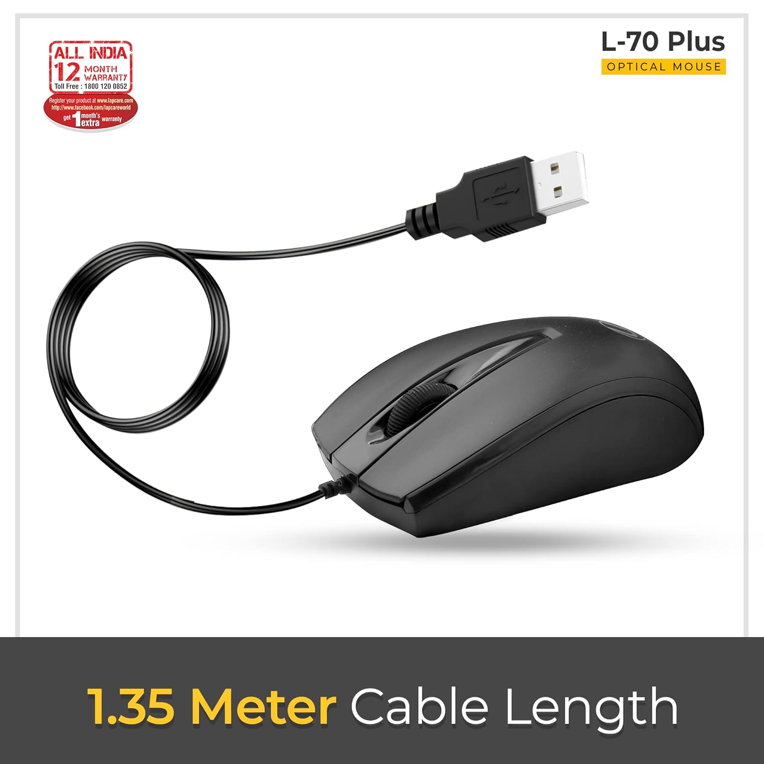 Lapcare L‑70 Plus Wired Optical Mouse – 1200 DPI, Ambidextrous, Ergonomic, Plug-and-Play