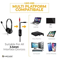 Lapcare LWS‑003 Wired Stereo Headset with Mic | On‑Ear Over‑Head Design, Soft Cushions, Deep Bass, Adjustable Mic & 1.8 m Cable – Compatible with PC, Mobile & Gaming