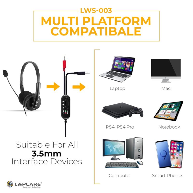 Lapcare LWS‑003 Wired Stereo Headset with Mic | On‑Ear Over‑Head Design, Soft Cushions, Deep Bass, Adjustable Mic & 1.8 m Cable – Compatible with PC, Mobile & Gaming