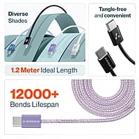 Ambrane 60W Type-C to Type-C Fast Charging Cable for Smartphones, Tablets, Laptops, iPhone 15 & Other Type C Devices, PD Technology, 480Mbps Data Sync, 1.2M (ABCC-60