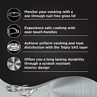 Preethi Metallica Collection Triply Stainless Steel set, 26 cm Kadai with Glass Lid, 26 cm Fry Pan, Gas & Induction Compatible