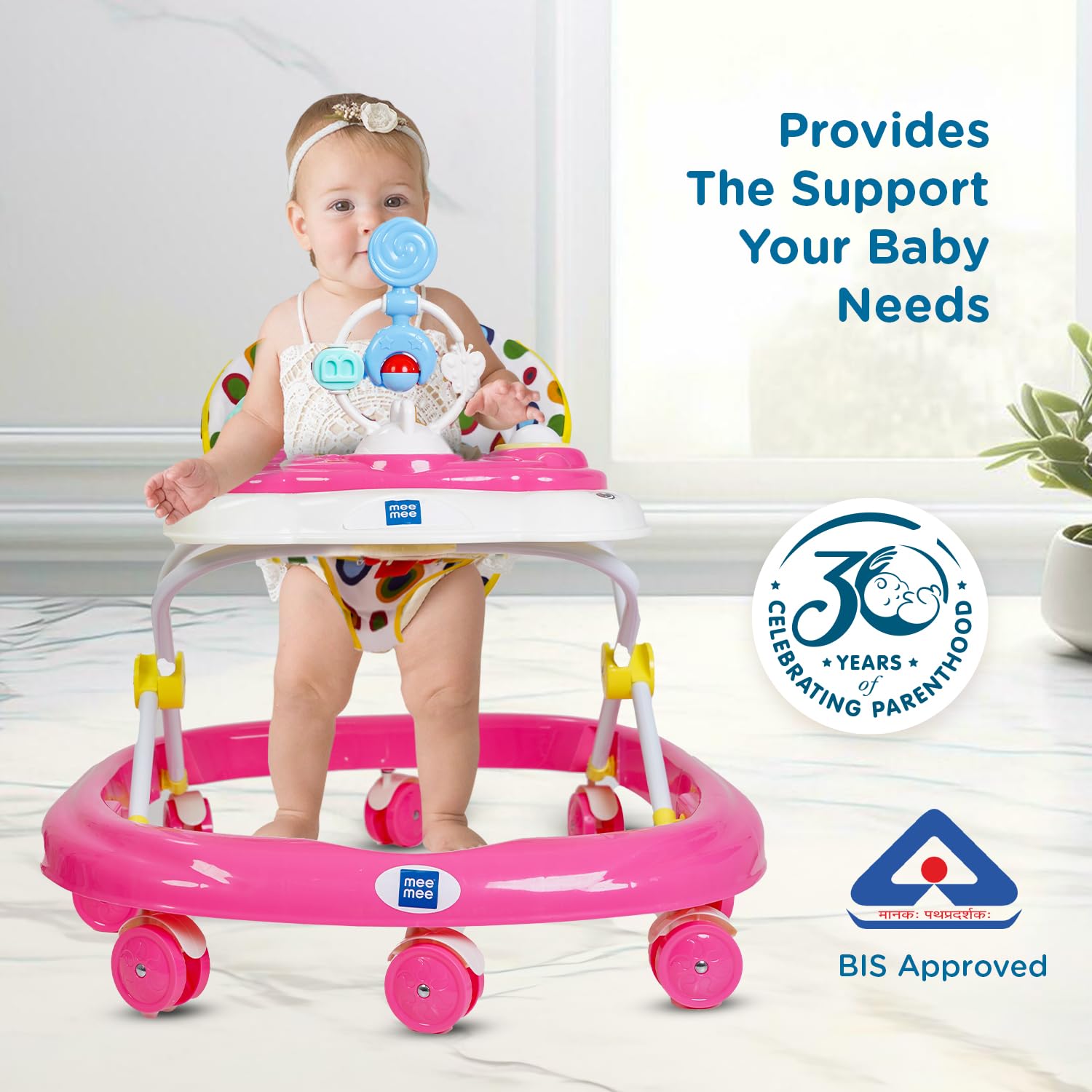 Mee Mee Baby Walker with 3-Level Adjustable Height – Red | Musical Tray