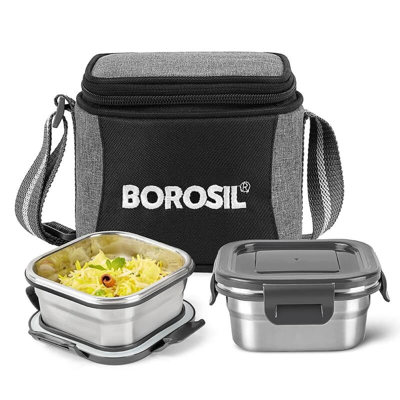 Borosil Feast Stainless Steel Lunch Box with Bag | Set of 2 (400 ml Each), Square