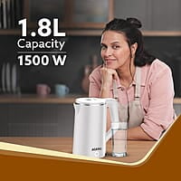 AGARO Elegant Electric Kettle, 1.8L, Double Layered Kettle, Stainless Steel Inner Body White