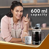 AGARO Delite French Press Coffee And Tea Maker, Borosilicate Glass Body With Sleeves, Glass Carafe, BPA Free Plastic Lid Strainer, 600Ml