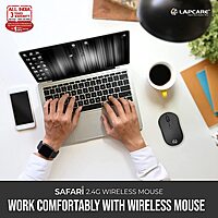 Lapcare Safari‑006 (LWM‑006): dual Bluetooth 5.0 & 2.4 GHz wireless, ergonomic design, 1600 DPI sensor, plug‑and‑play, 1‑yr warranty.