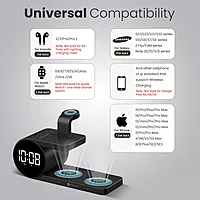 Portronics Freedom 6 – A versatile 6-in-1 wireless charger featuring an integrated alarm clock, perfect for charging multiple devices simultaneously while keeping you on schedule. Sleek and efficient!
