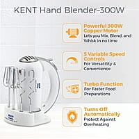 KENT 16051 Hand Blender 300 W | 5 Variable Speed Control | Multiple Beaters & Dough Hooks | Turbo Function, Plastic, 300 Watts