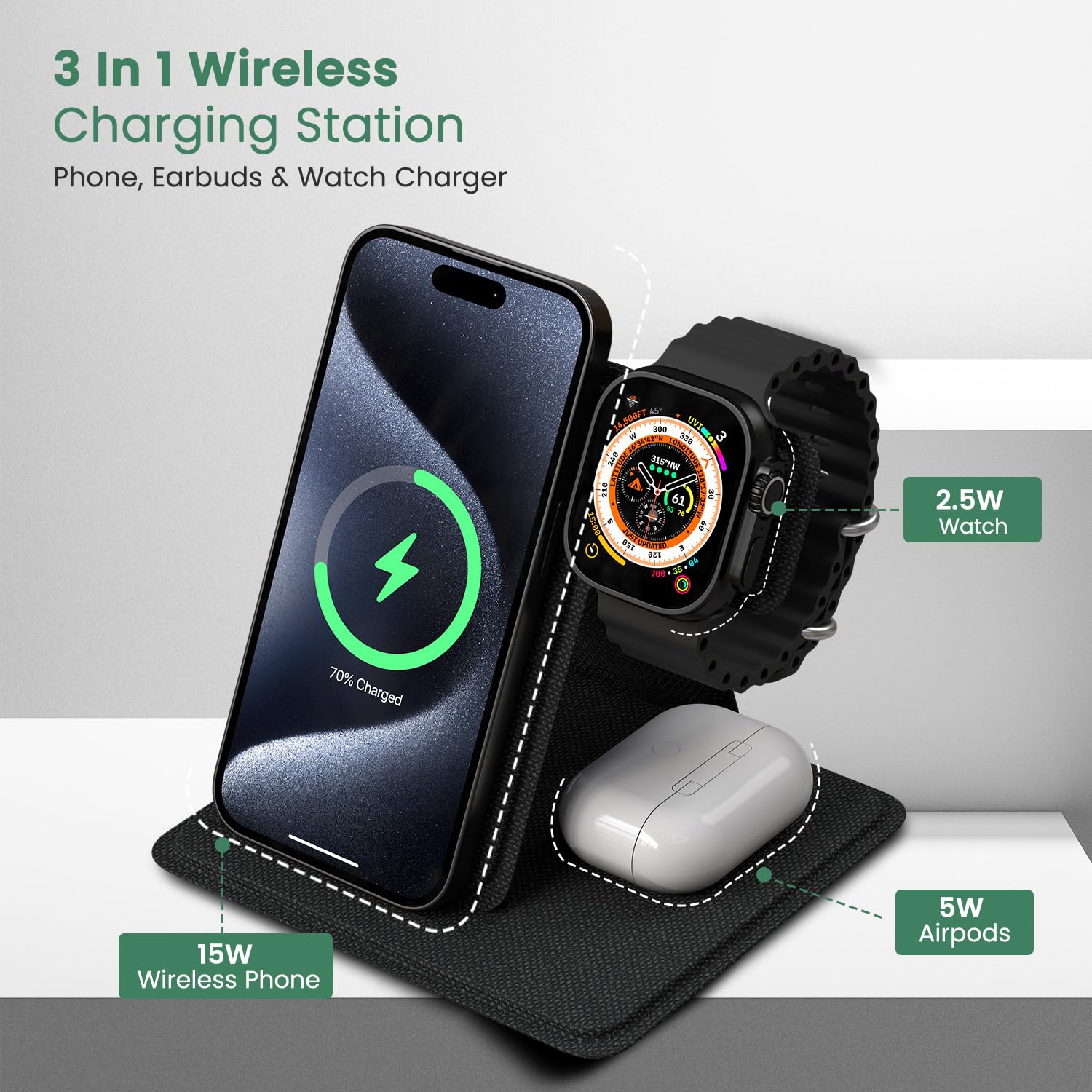 Portronics POR 2119 Bella 15W Wireless Charger – 4-in-1 | iPhone, Earpod, iWatch | Black