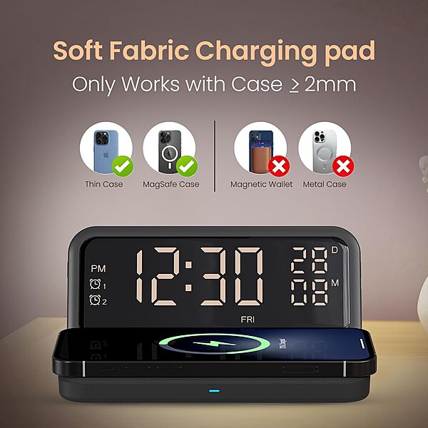 Portronics Freedom 4E 15W Wireless Charger – Dual Alarm Clock | Fabric Pad | iPhone 12–17