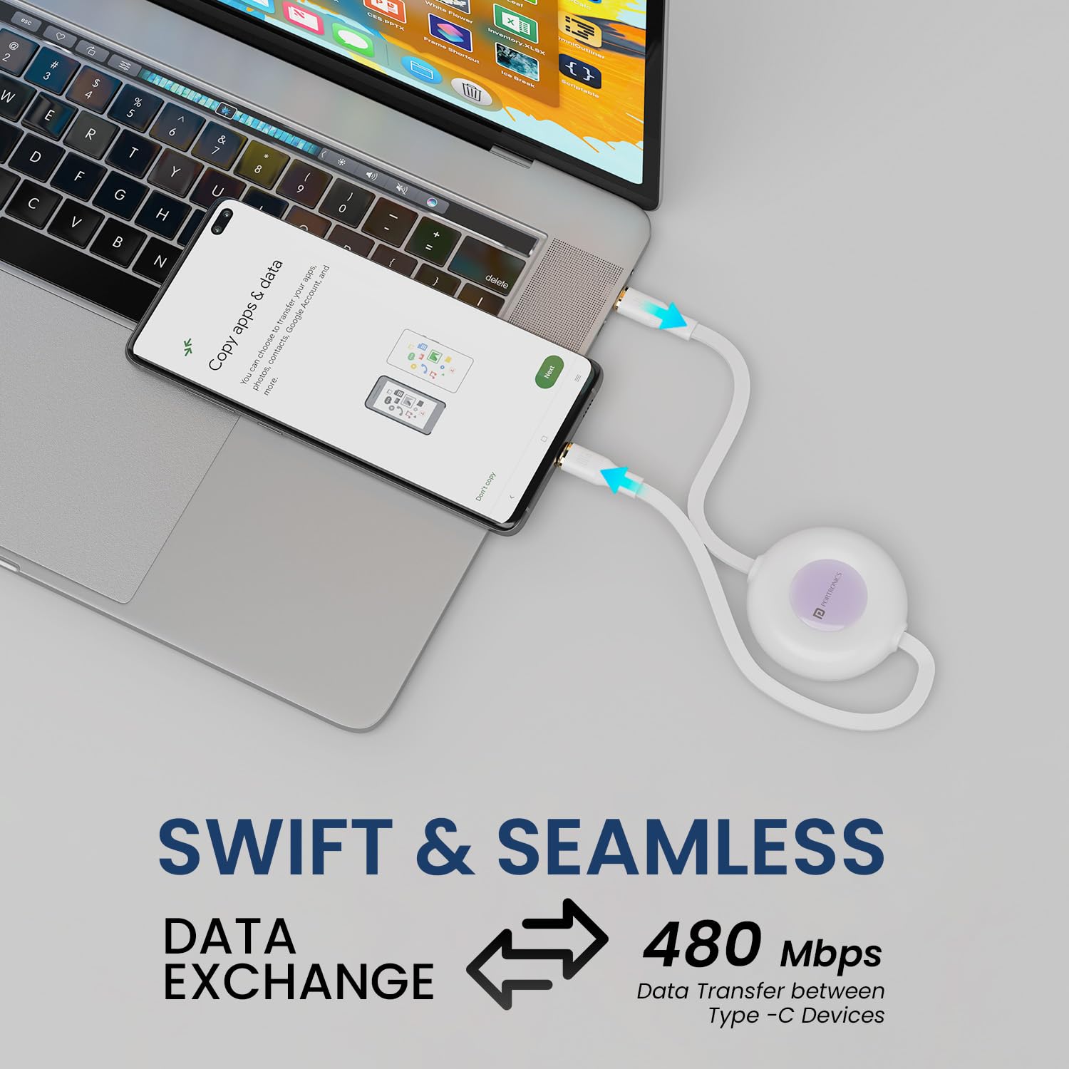 Portronics POR 2271 Konnect Recoil USB-C to USB-C Cable – 60W, 1M, Flat Retractable, White