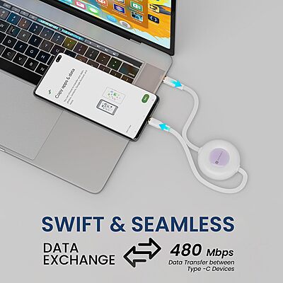 Portronics POR 2271 Konnect Recoil USB-C to USB-C Cable – 60W, 1M, Flat Retractable, White