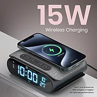 Portronics VoltClock – A sleek wireless charger featuring an alarm clock and temperature display. Perfect for bedside use, it combines functionality with modern design for your convenience.