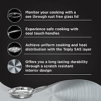 Preethi Metallica Collection Triply Stainless Steel Frypan with Glass Lid, 26 cm, Gas & Induction