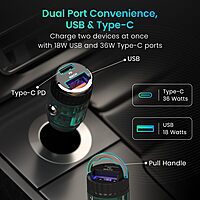 Portronics 36W Car Charger | Dual Port USB-A & Type-C PD | Fast charging for smartphones & tablets | Compact design | Overload protection | Ideal for travel | Compatible with all devices.
