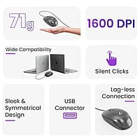 Ambrane Wired USB Mouse, Plug & Play, High Resolution 1600 DPI Optical Sensor, 3-Button Design, Clickable Scroll Wheel, Ambidextrous, Ergonomic Mouse for Comfortable All-Day Grip