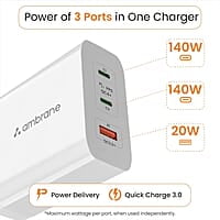 Ambrane 150W GaN Multi-Port Fast Charger Type C USB Compatible with All iPhones, Android Smartphones & Laptops