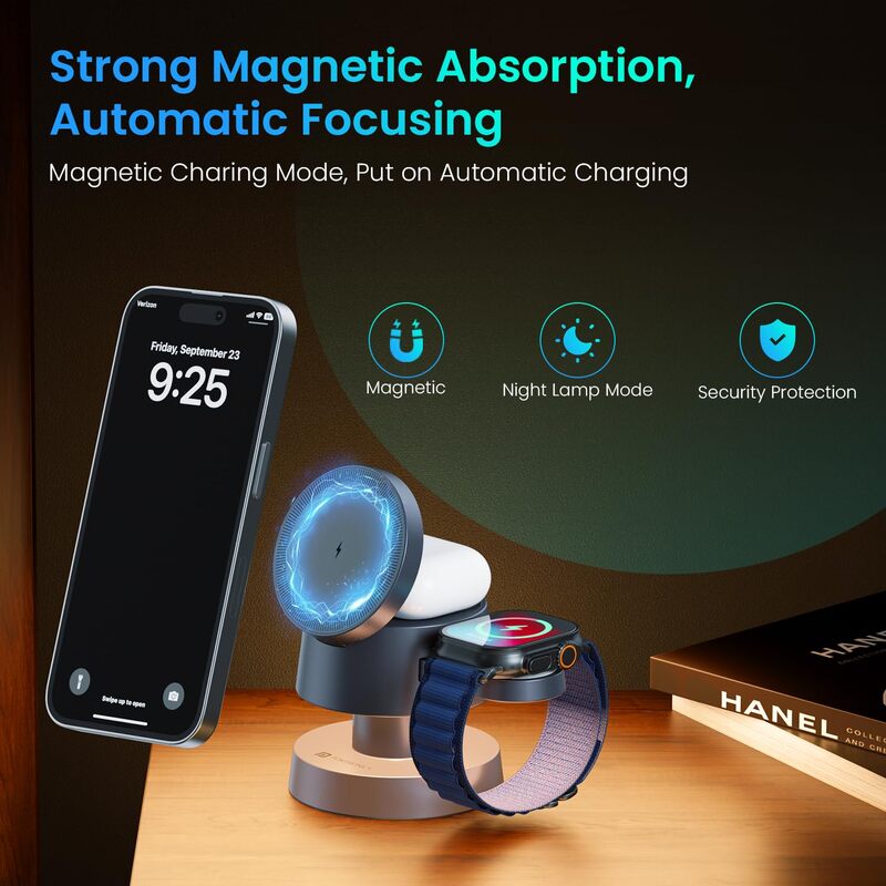 Portronics TriCharge 15W 4-in-1 MagSafe Wireless Charger with Night Lamp | Black