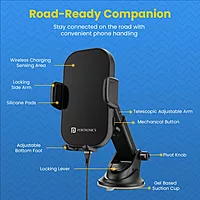 Portronics Clamp 3 Wireless Car Charger – 15W Fast Qi, designed for effortless charging on the go. Securely holds your phone while delivering rapid power, ensuring a seamless driving experience.
