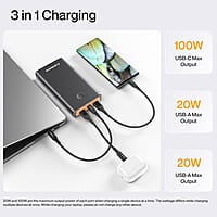 Ambrane 100W Fast Charging Powerbank for MacBook, Type C Laptop & Mobile Charging, 25,000mAh Battery, Triple Output