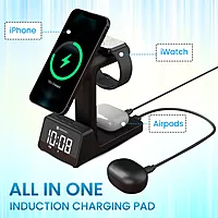Portronics Bella 2 – 15W MagSafe Charger with Clock, 3-in-1 design, charges iPhone, AirPods, and Apple Watch simultaneously. Sleek, compact, perfect for bedside or office use. Fast charging!