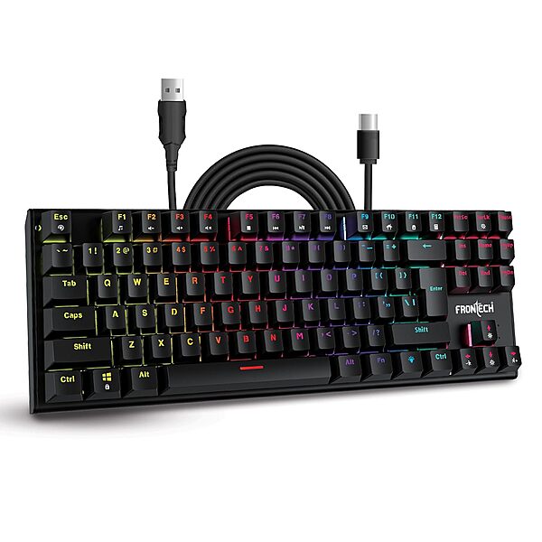 Frontech KB-0014 Wired Gaming Keyboard – Mechanical Keys | Multicolor RGB Backlight | Ergonomic Design with Retractable Stands | USB Plug & Play | 1 Year Warranty
