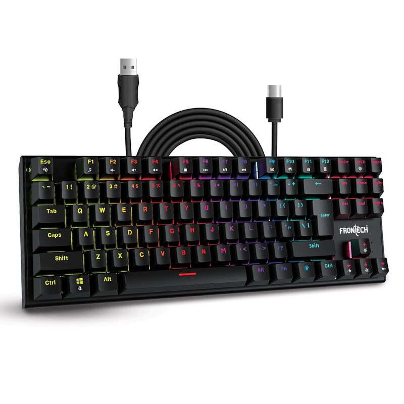 Frontech KB-0014 Wired Gaming Keyboard – Mechanical Keys | Multicolor RGB Backlight | Ergonomic Design with Retractable Stands | USB Plug & Play | 1 Year Warranty